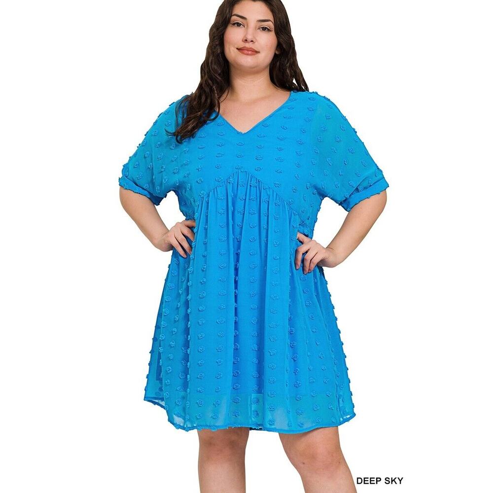 Zenana Swiss Polka Dot Babydoll Dress Deep Sky Blue Tunic Lined Sheer 1X